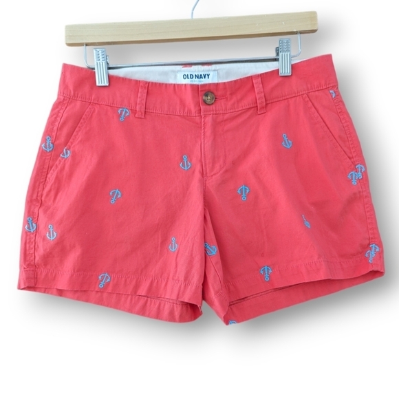 Old Navy Nautical Chino Shorts 2 Coral Blue Embroidered Coastal Anchors Short - Picture 1 of 10